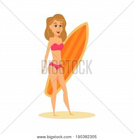 Women in bikini with surfboard. Happy girl on beach in swimsuit holding a surf. Cartoon summer female character with isolated on white
