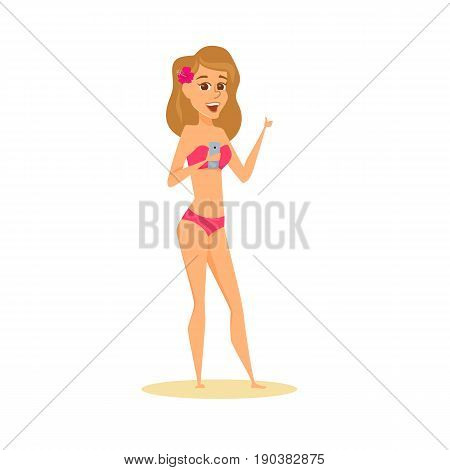 Women in bikini use phone and thumb up. Happy girl on beach in swimsuit holding a digital device. Cartoon summer female character with smartphone isolated on white