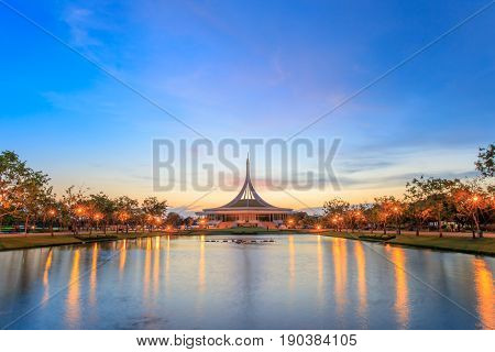 Bangkok, Thailand. - May 14, 2017 : Night time at Ratchamangkhala Pavilion at public park name Suan Luang Rama IX on sunset time Bangkok, Thailand.