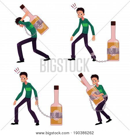 Young man chained to bottle of liquor, booze, carrying it, holding tight, alcohol dependence concept, set of cartoon vector illustrations isolated on white background. Man chained to alcohol bottle