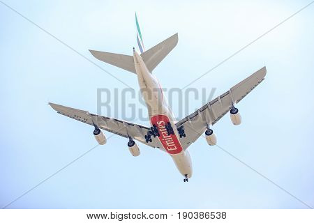 Bangkok, Thailand. - April 22, 2017 : Plane or aircraft of Emirates Airlines or Airways on the sky landing to Suvanabhumi airport.