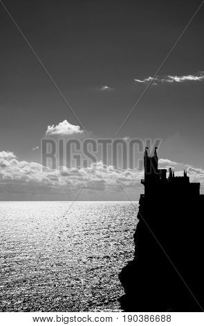 Black and white picture of Swallow's Nest castle in Crimea Ukraine.