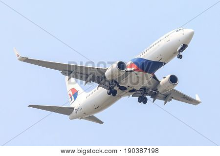Bangkok, Thailand. - April 22, 2017 : Plane of Malaysia Airlines on the sky landing to Suvanabhumi airport.