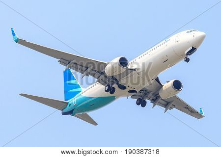 Bangkok, Thailand. - April 22, 2017 : Aircraft or Plane of Garuda Indonesia Airways on the sky landing to Suvanabhumi airport.