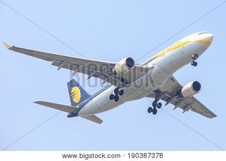 Bangkok, Thailand. - April 22, 2017 : Aircraft or Plane of Jet Airways or Airlines on the sky landing to Suvanabhumi airport.