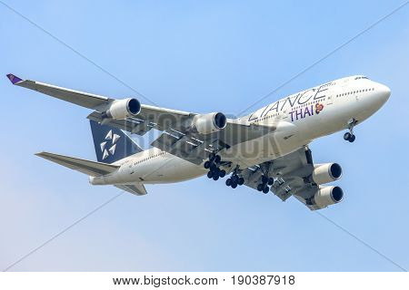 Bangkok, Thailand. - April 22, 2017 : Plane of Lufthansa Airlines or Airways on the sky landing to Suvanabhumi airport.