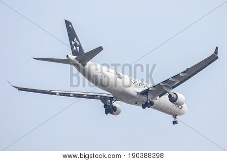 Bangkok, Thailand. - April 23, 2017 : Plane or aircraft of Lufthansa Airlines and Thai Airways on the sky landing to Suvanabhumi airport.