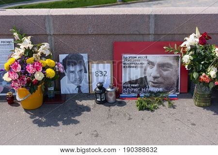 RUSSIA MOSCOW JUNE 8 2017: Memorial to Boris Nemtsov on Bolshoy Moskvoretsky Bridge. Politician was assassinated here on February 27 2015