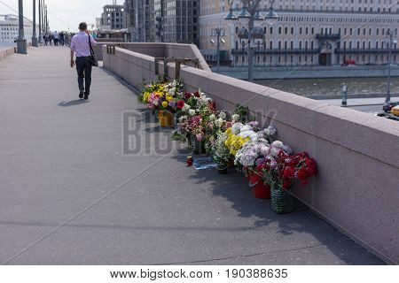 RUSSIA MOSCOW JUNE 8 2017: Memorial to Boris Nemtsov on Bolshoy Moskvoretsky Bridge. Politician was assassinated here on February 27 2015
