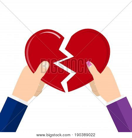 Man and female holding two halves of broken heart. Breakup heart concept. Unhappy love conflict. vector illustration in flat style