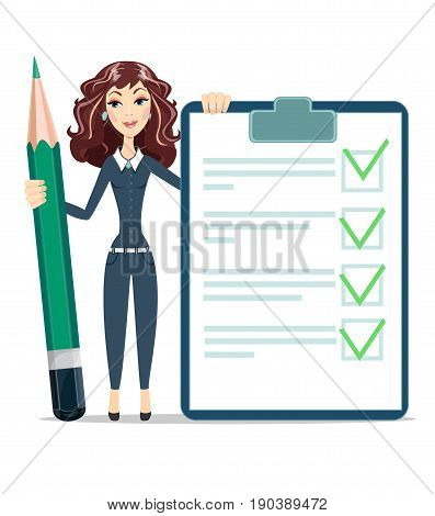 woman with a questionary and big green pencil. Stock vector illustration for poster, greeting card, website, ad, business presentation advertisement design