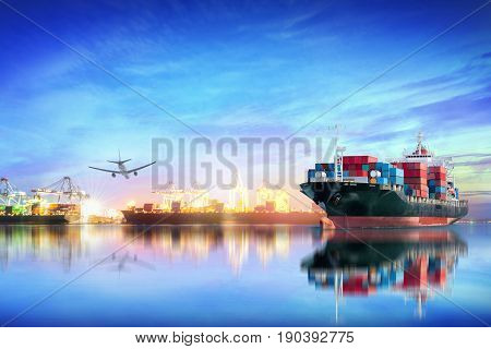 Logistics and transportation of international container cargo ship and cargo plane with ports crane bridge in harbor at sunset sky for logistics import export background and transport industry.