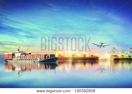 Logistics and transportation of international container cargo ship and cargo plane with ports crane bridge in harbor at sunset sky for logistics import export background and transport industry.