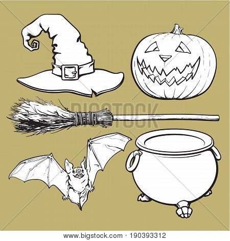 Witch accessories - pointed hat, caldron, jack o lantern, broom, bat, Halloween decoration elements, sketch vector illustration isolated on background. Set of hand drawn witch, Halloween objects