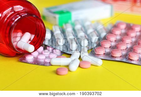 Pills and another drugs for illegal doping manipulations. Pharmacy antibiotic and antidepressant.