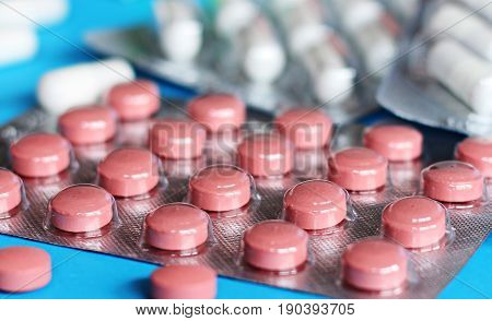 Pills and another drugs for illegal doping manipulations. Pharmacy antibiotic and antidepressant.
