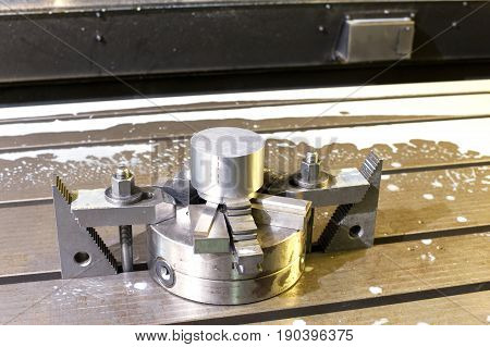 Industrial metal chuck die/mold. Metalworking and mechanical engineering. Lathe milling and drilling technology. CNC industry. Indoors horizontal image.