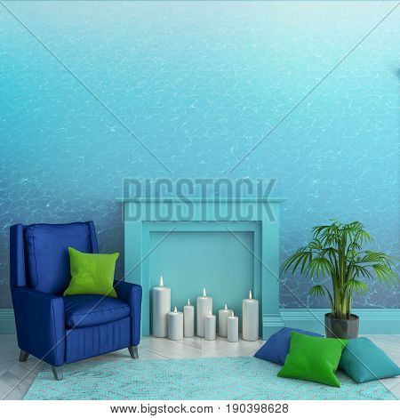 Empty room with blue water texture wallpaper on the wall, fireplace, candles, armchair, pillows, carpet and plant. Scandinavian interior. Mock up. 3d render illustration.