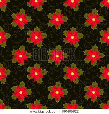 Festive background.Seamless pattern. Red flower. Poinsettia. Christmas and New year.Texture for webprintWallpaperdecorationwinterfashionwebsite backgroundgift wrapping Vector stock