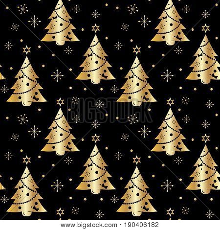 Festive background.Seamless pattern in gold color on a dark background.Tree. Christmas and New year.Texture for webprintWallpaperdecorationwinterfashionwebsite backgroundgift wrapping.Vector