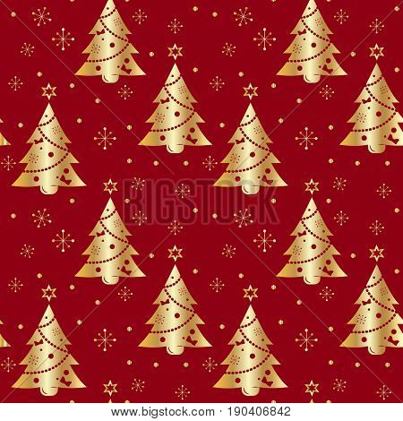 Festive background.Seamless pattern in gold color on a red background. Tree. Christmas and New year.Texture for webprintWallpaperdecorationwinterfashionwebsite backgroundgift wrapping.Vector