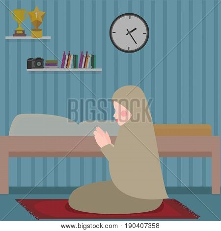 woman islam pray in tahajud shalat at night in her room vector