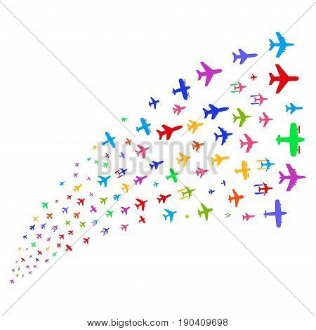 Source of airplanes symbols. Vector illustration style is flat bright multicolored iconic airplanes symbols on a white background. Object fountain organized from pictographs.
