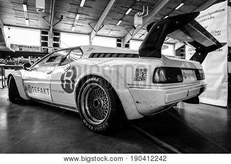 PAAREN IM GLIEN GERMANY - JUNE 03 2017: Sports car BMW M1 (E26). Rear view. Black and white. Exhibition 