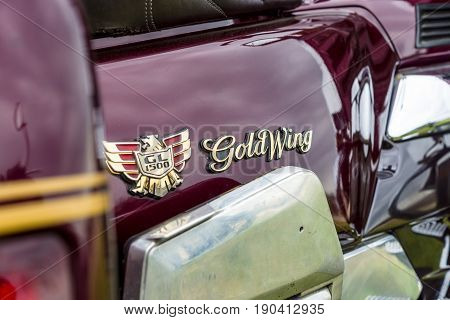 PAAREN IM GLIEN GERMANY - JUNE 03 2017: Emblem of a touring motorcycle Honda Gold Wing GL1500. Exhibition 