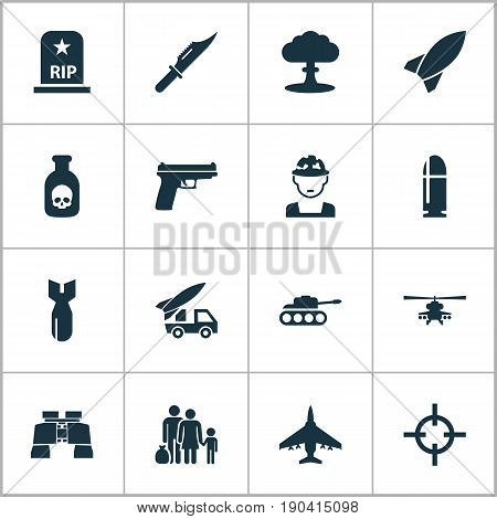 Army Icons Set. Collection Of Aircraft, Fugitive, Cutter And Other Elements. Also Includes Symbols Such As Bullet, Aircraft, Shot.