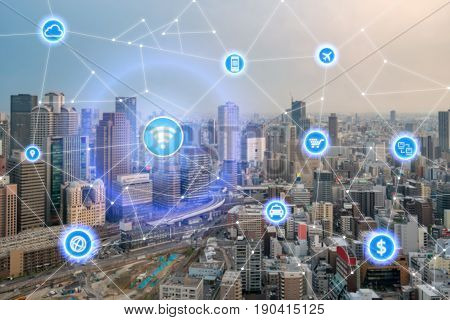 Smart city and wireless communication network business district with office building abstract image visual internet of things concept