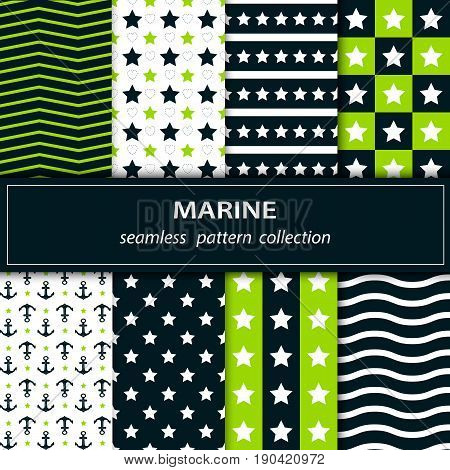 Set.Collection seamless pattern in green blue and white. Great independence Day The 4th of July. A set of American origin.Stars stripes zigzags. Vector stock.