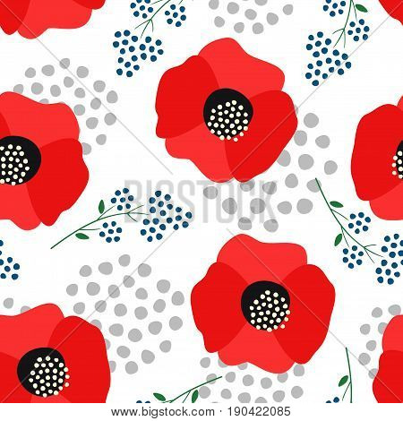 Floral pattern on white background. Cute red poppies with decorative dots seamless background. Fashion design for fabric, wallpaper, textile and decor.