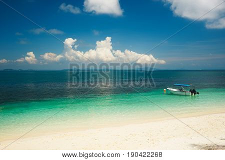 Beautiful tropical beach in Rawa island. White sandy beach seen from above. Malaysia .