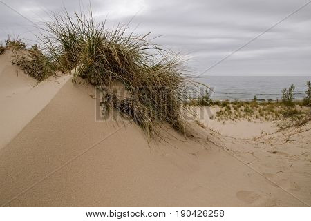 Sand Dune Background. Sand dune topped with dune grass on the shores of Lake Michigan in Silver Lake State Park
