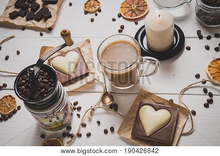 top view of chocolate heart and coffee for Valentine's day