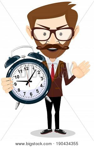 Human with alarm clock. Young businessman in business concept isolated on white. Stock flat vector illustration.