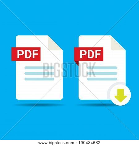 vector flat PDF file icon and vector pdf download icon set isolated on blue background. Vector document or presentation icon design template for web site or mobile app