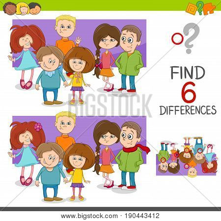 Cartoon Illustration of Spot the Differences Educational Game for Children with Elementary Age Kid Characters Group