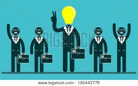 light bulb headed businessmen In the center of a group of people. Idea and leadership concept. Stock flat vector illustration.