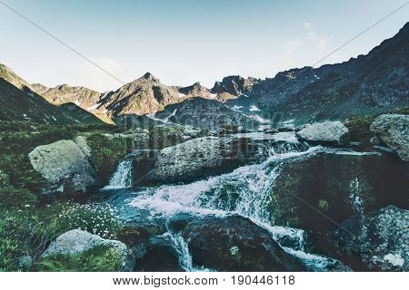 Mountains and Waterfall Landscape Travel serene scenic view