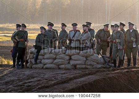Brusilovsky breakthrough, the historic festival the First world war in Moscow, rehearsal, October 1, 2016. Soldiers of the Russian army, sunset.
