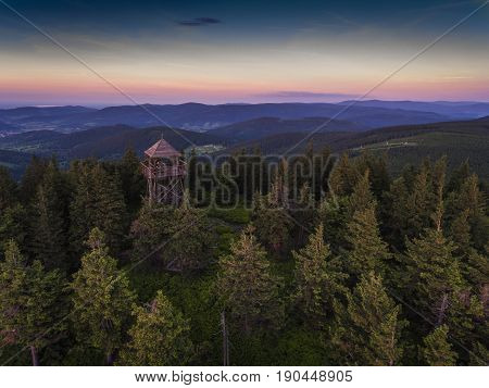 Sunset. Aerial View Of The Summer Time In Mountains Near Czarna Gora Mountain In Poland. Pine Tree F