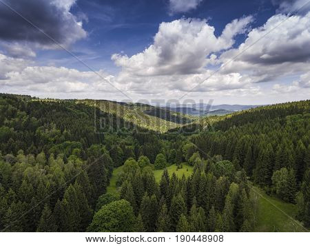 Aerial View Of The Summer Time In Mountains Near Czarna Gora Mountain In Poland. Pine Tree Forest An