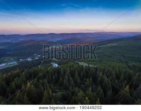 Sunset. Aerial View Of The Summer Time In Mountains Near Czarna Gora Mountain In Poland. Pine Tree F
