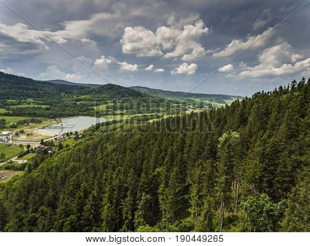 Aerial View Of The Summer Time In Mountains Near Stronie Slaskie Town In Poland. Pine Tree Forest An
