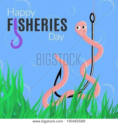 Happy fisheries day funny card. Vector illustration for the world fishing holiday with worm hook logo and alga