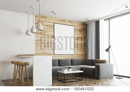 Living room in a studio apartment with wooden and white walls wooden floor. Bar table with stools. Vertical poster. Side view. 3d rendering mock up