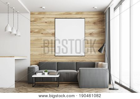 Living room in a studio apartment with wooden and white walls wooden floor. Bar table with stools. Vertical poster. Closeup. 3d rendering mock up