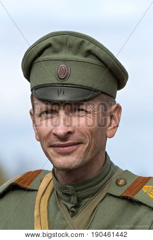 Brusilovsky breakthrough, the historic festival the First world war, Moscow, 2 Oct 2016. Portrait of a soldier of the Russian army.